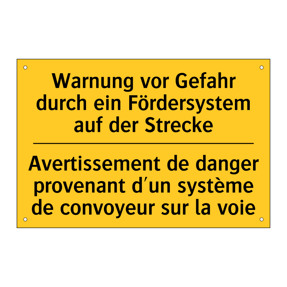 Warnung vor Gefahr durch ein Fördersystem /.../ - Avertissement de danger provenant /.../