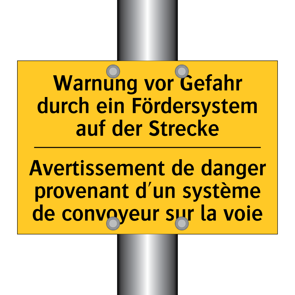Warnung vor Gefahr durch ein Fördersystem /.../ - Avertissement de danger provenant /.../