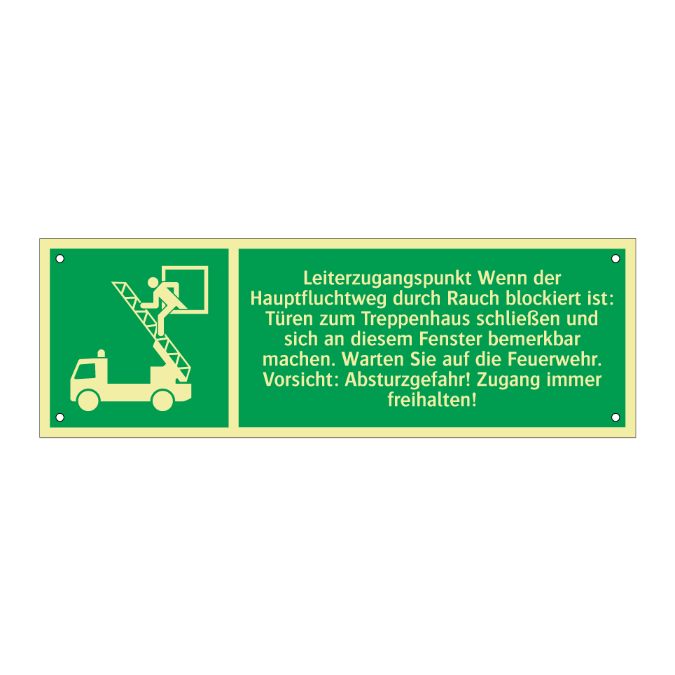 Leiterzugangspunkt Wenn der Hauptfluchtweg durch Rauch blockiert ist: Türen zum Treppenhaus schließen und sich an diesem Fenster bemerkbar machen. Warten Sie auf die Feuerwehr. Vorsicht: Absturzgefahr! Zugang immer freihalten!