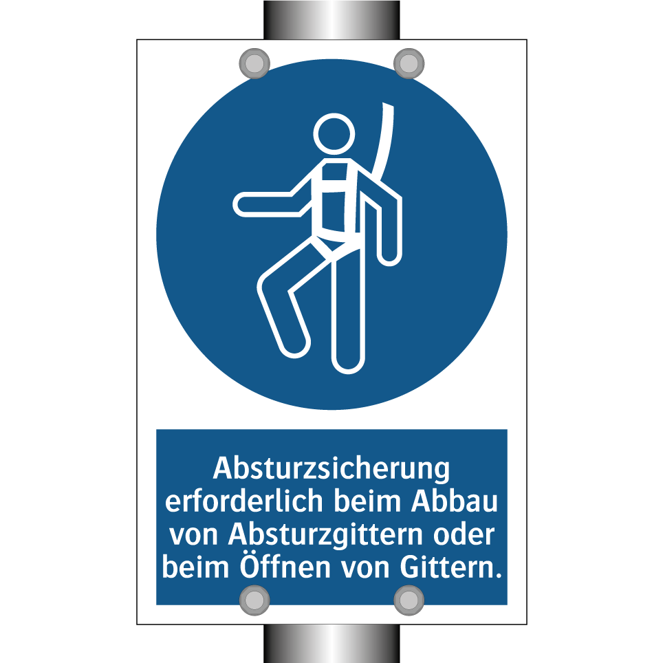 Absturzsicherung erforderlich beim Abbau von Absturzgittern oder beim Öffnen von Gittern.