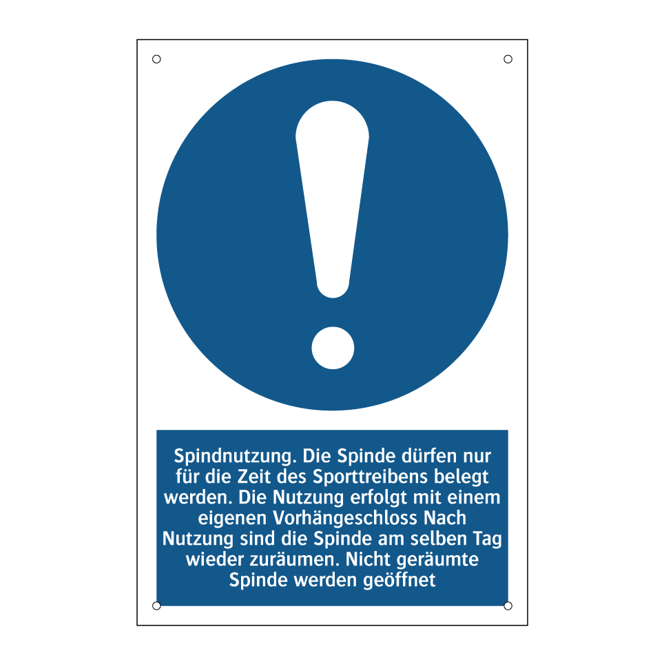 Spindnutzung. Die Spinde dürfen nur für die Zeit des Sporttreibens belegt werden. Die Nutzung erfolgt mit einem eigenen Vorhängeschloss Nach Nutzung sind die Spinde am selben Tag wieder zuräumen. Nicht geräumte Spinde werden geöffnet