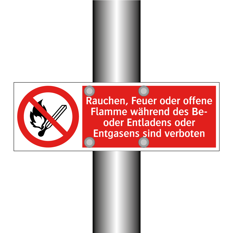 Rauchen, Feuer oder offene Flamme während des Be- oder Entladens oder Entgasens sind verboten