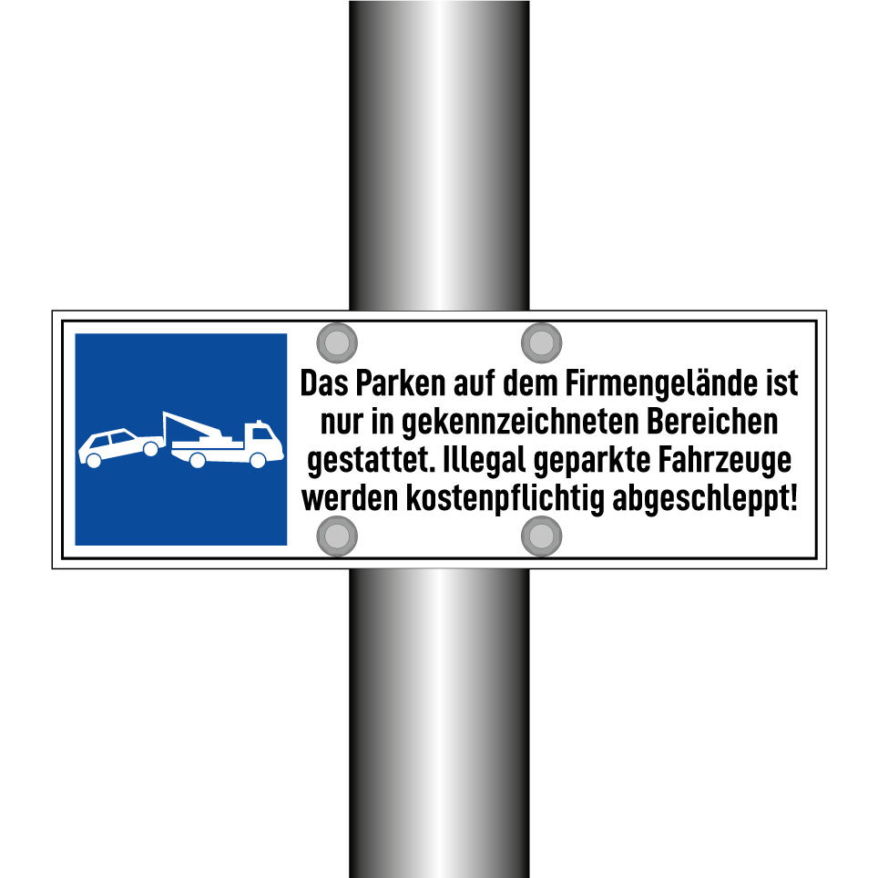 Das Parken auf dem Firmengelände ist nur in gekennzeichneten Bereichen gestattet. Illegal geparkte Fahrzeuge werden kostenpflichtig abgeschleppt!
