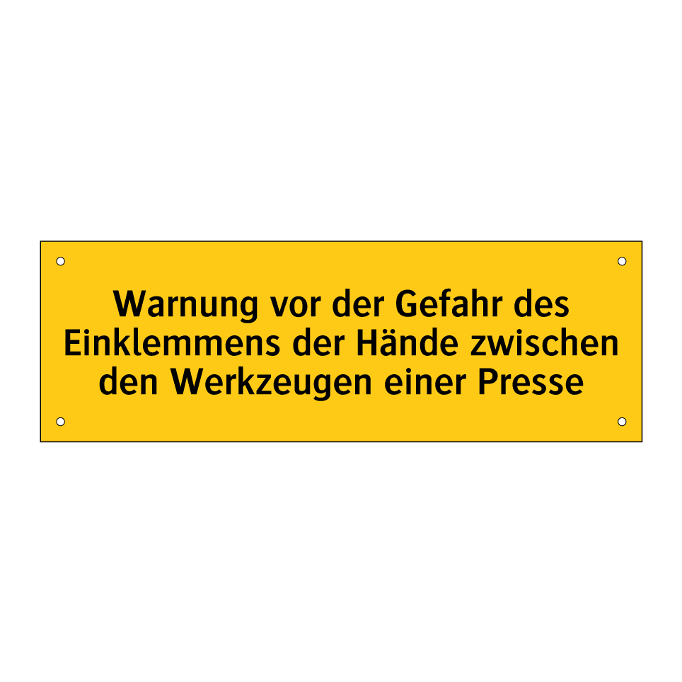 Warnung vor der Gefahr des Einklemmens der Hände zwischen den Werkzeugen einer Presse