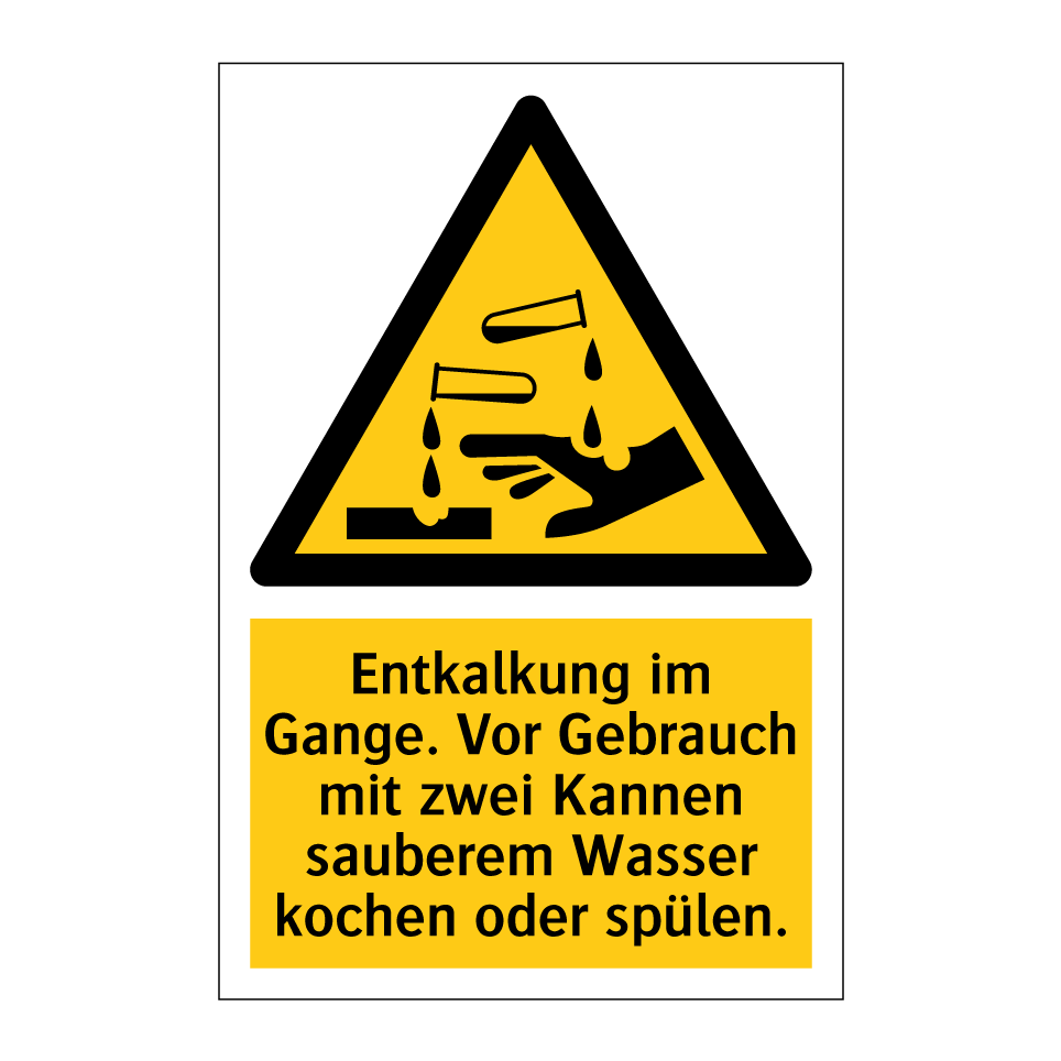 Entkalkung im Gange. Vor Gebrauch mit zwei Kannen sauberem Wasser kochen oder spülen.