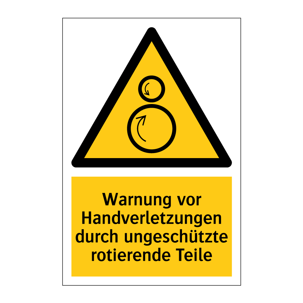 Warnung vor Handverletzungen durch ungeschützte rotierende Teile