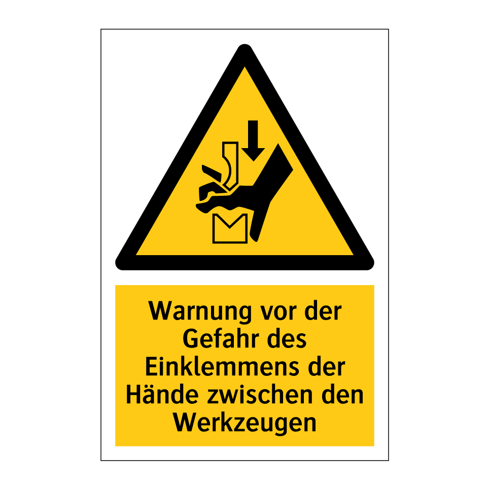 Warnung vor der Gefahr des Einklemmens der Hände zwischen den Werkzeugen