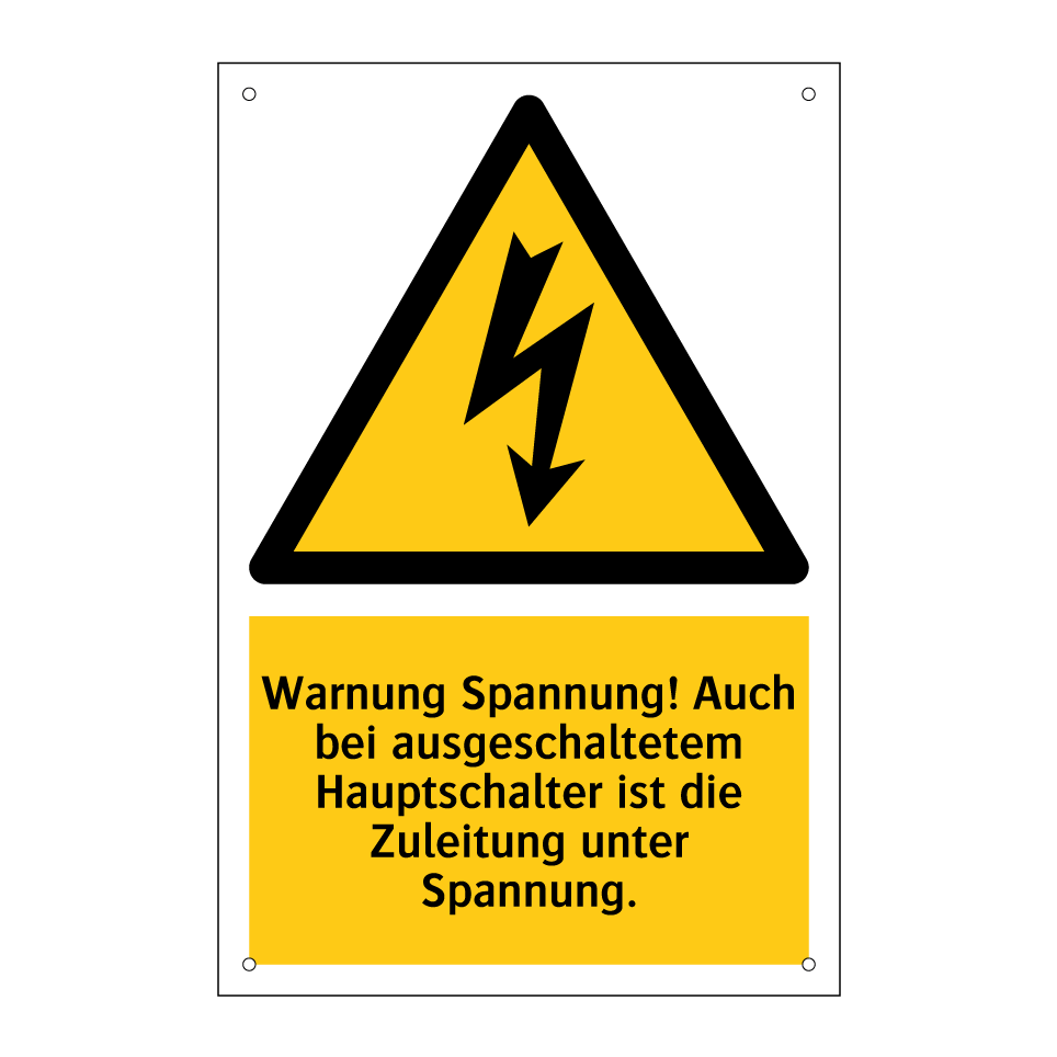 Warnung Spannung! Auch bei ausgeschaltetem Hauptschalter ist die Zuleitung unter Spannung.