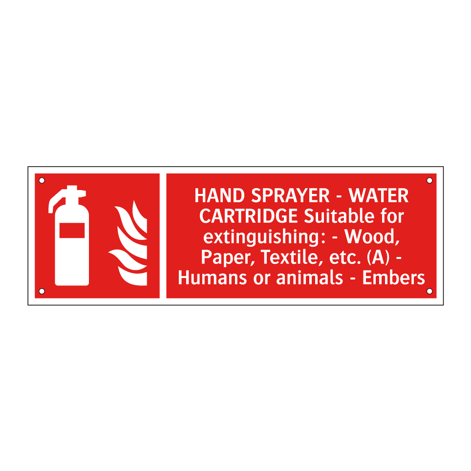 HAND SPRAYER - WATER CARTRIDGE Suitable for extinguishing: - Wood, Paper, Textile, etc. (A) - Humans or animals - Embers