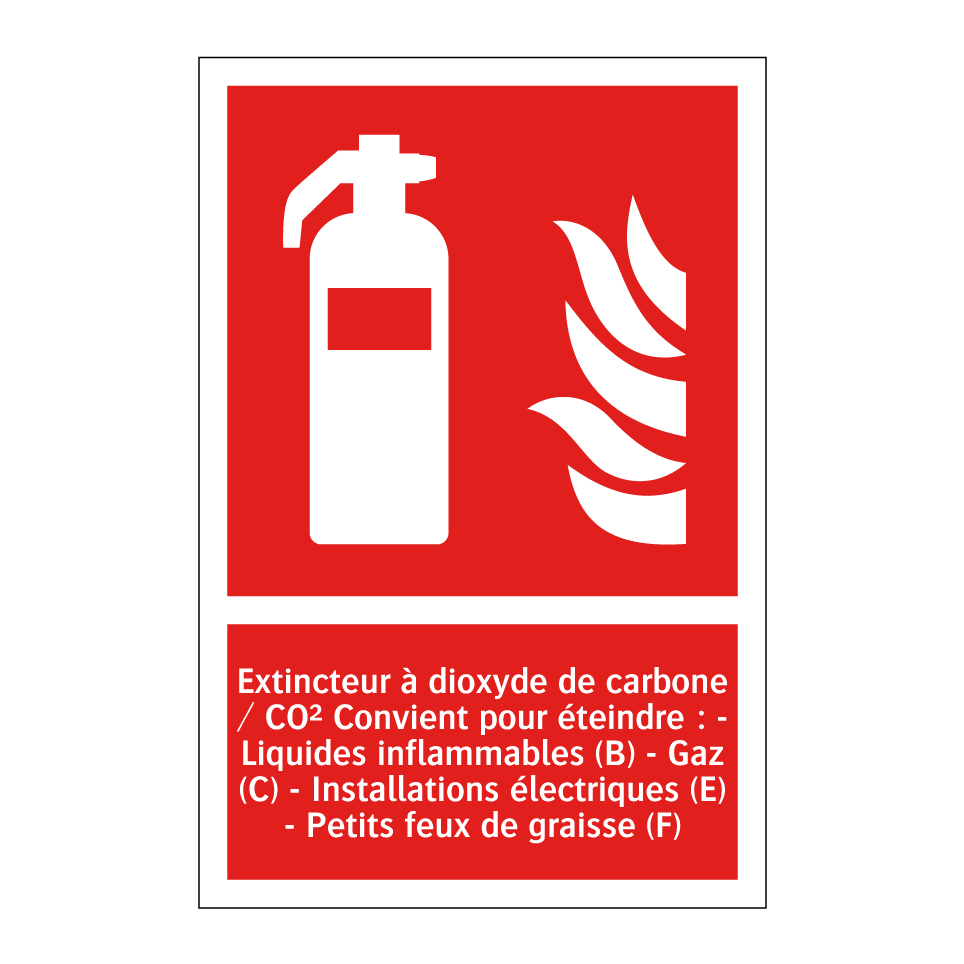 Extincteur à dioxyde de carbone / CO² Convient pour éteindre : - Liquides inflammables (B) - Gaz (C) - Installations électriques (E) - Petits feux de graisse (F)
