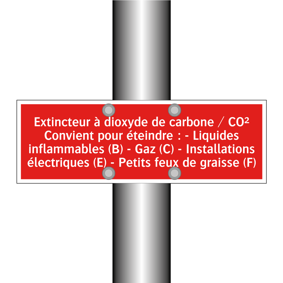 Extincteur à dioxyde de carbone / CO² Convient pour éteindre : - Liquides inflammables (B) - Gaz (C) - Installations électriques (E) - Petits feux de graisse (F)