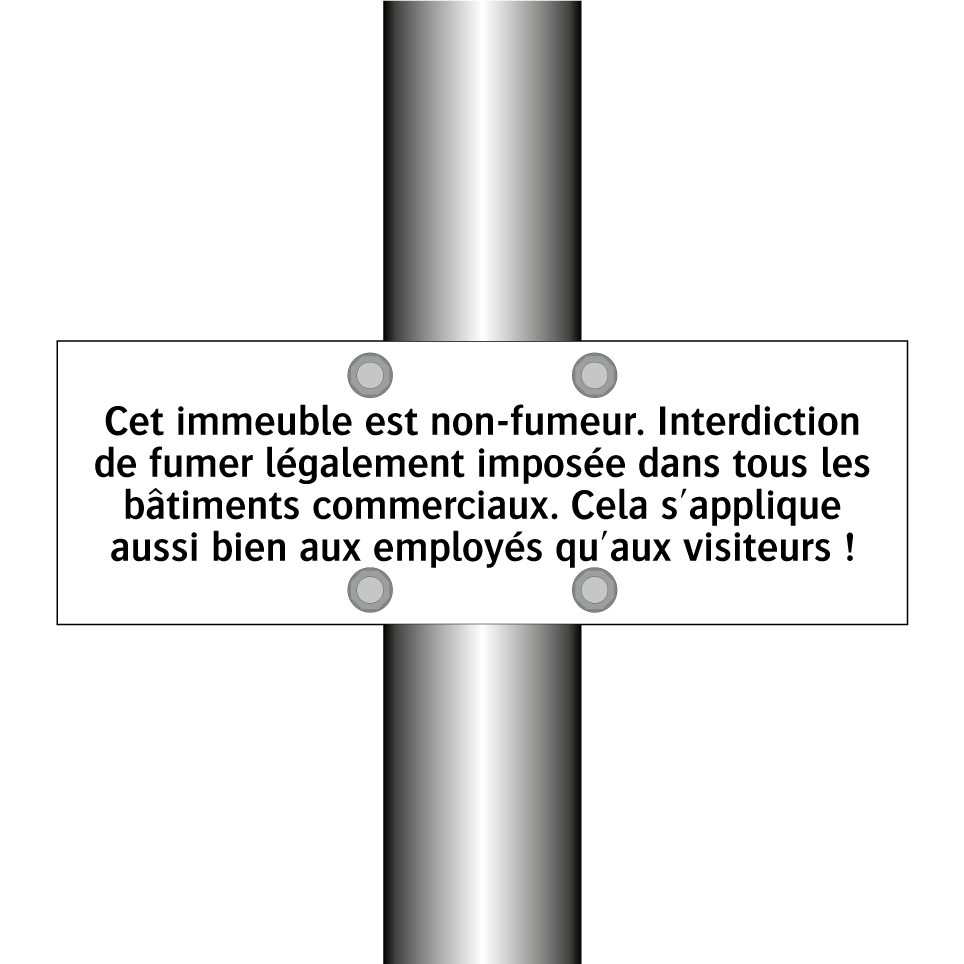 Cet immeuble est non-fumeur. Interdiction de fumer légalement imposée dans tous les bâtiments commerciaux. Cela s'applique aussi bien aux employés qu'aux visiteurs !