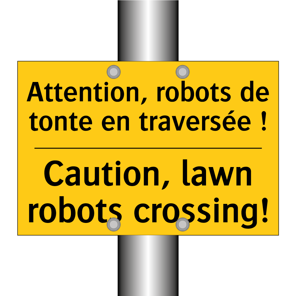 Attention, robots de tonte en /.../ - Caution, lawn robots crossing!