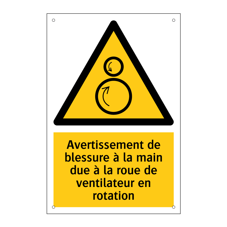 Avertissement de blessure à la main due à la roue de ventilateur en rotation