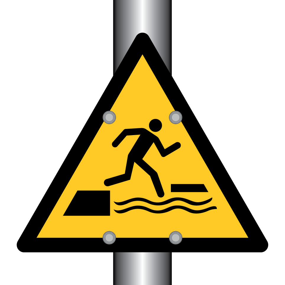 W068 Warnung vor dem ins Wasser Fallen beim Betreten oder Verlassen einer schwimmenden Fläche