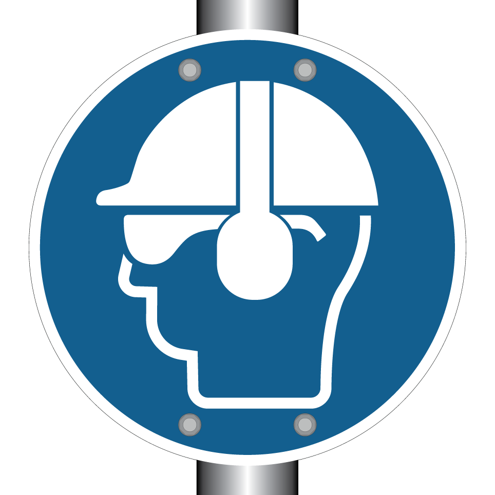 Helm mit Schutzbrille und Gehörschutz tragen