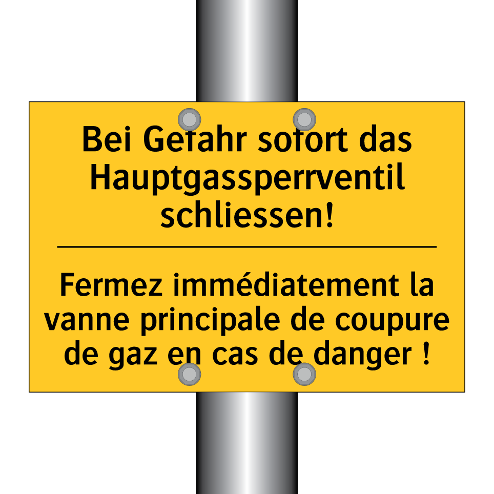 Bei Gefahr sofort das Hauptgassperrventil  /.../ - Fermez immédiatement la vanne  /.../