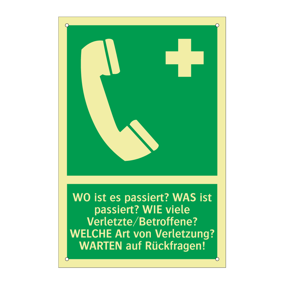 WO ist es passiert? WAS ist passiert? WIE viele Verletzte/Betroffene? WELCHE Art von Verletzung? WARTEN auf Rückfragen!