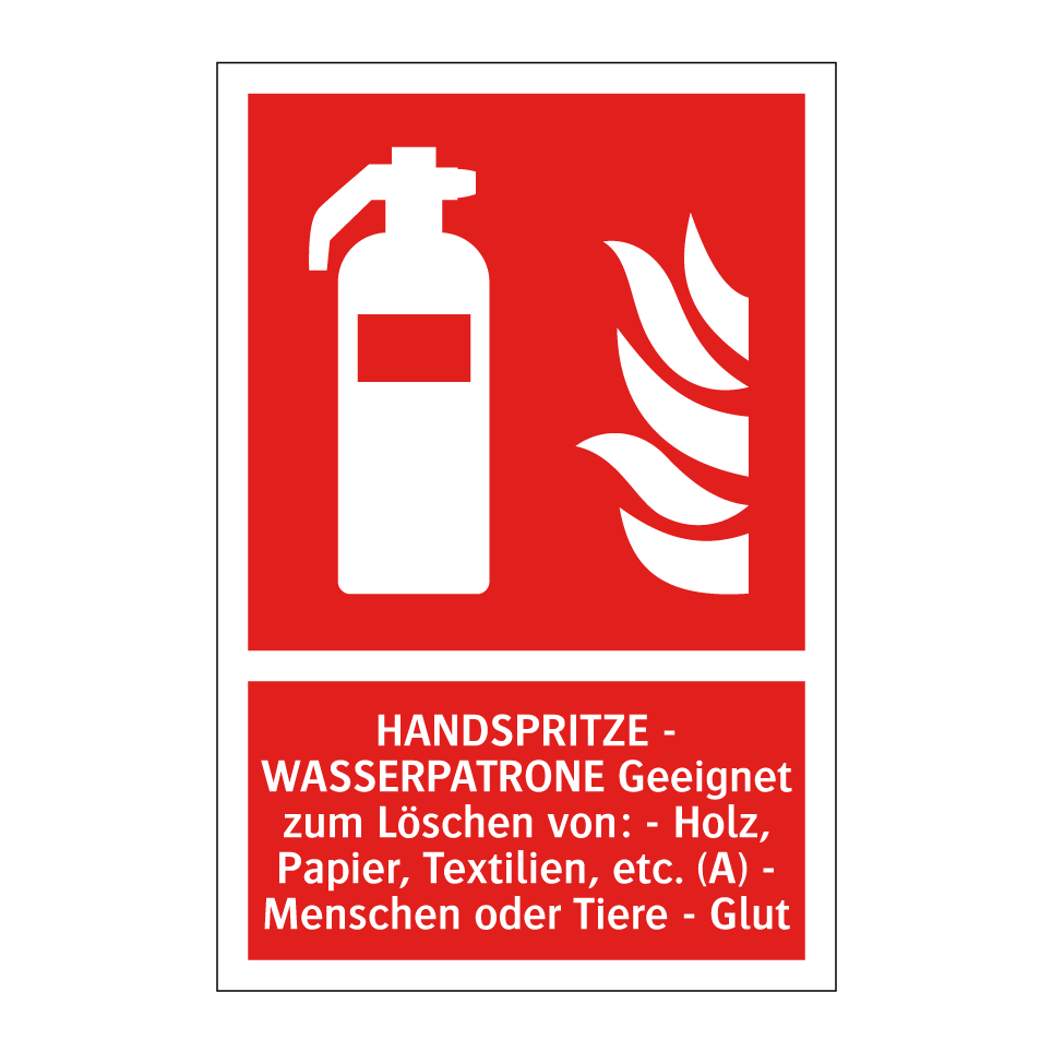 HANDSPRITZE - WASSERPATRONE Geeignet zum Löschen von: - Holz, Papier, Textilien, etc. (A) - Menschen oder Tiere - Glut