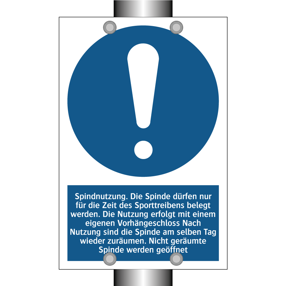 Spindnutzung. Die Spinde dürfen nur für die Zeit des Sporttreibens belegt werden. Die Nutzung erfolgt mit einem eigenen Vorhängeschloss Nach Nutzung sind die Spinde am selben Tag wieder zuräumen. Nicht geräumte Spinde werden geöffnet