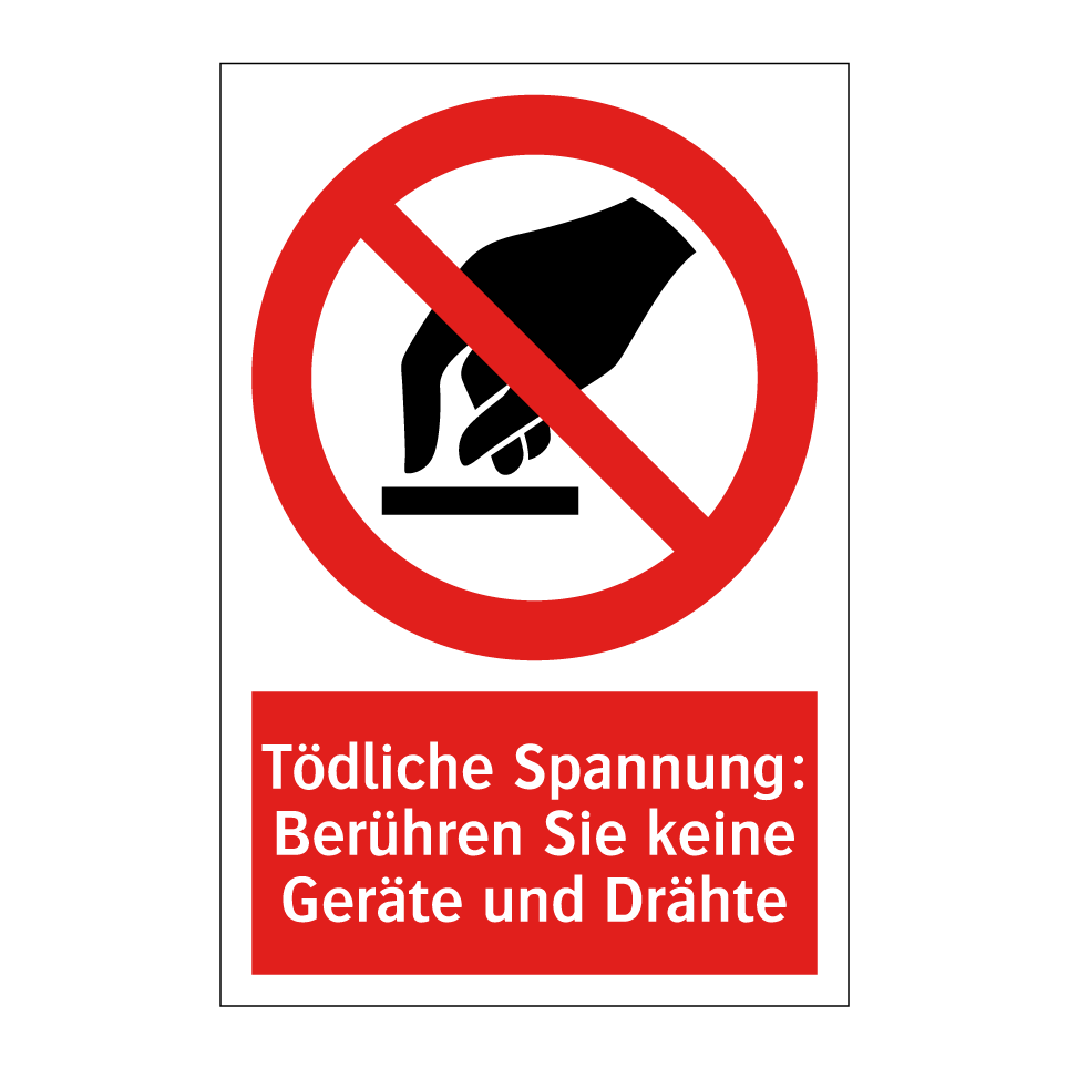 Tödliche Spannung: Berühren Sie keine Geräte und Drähte