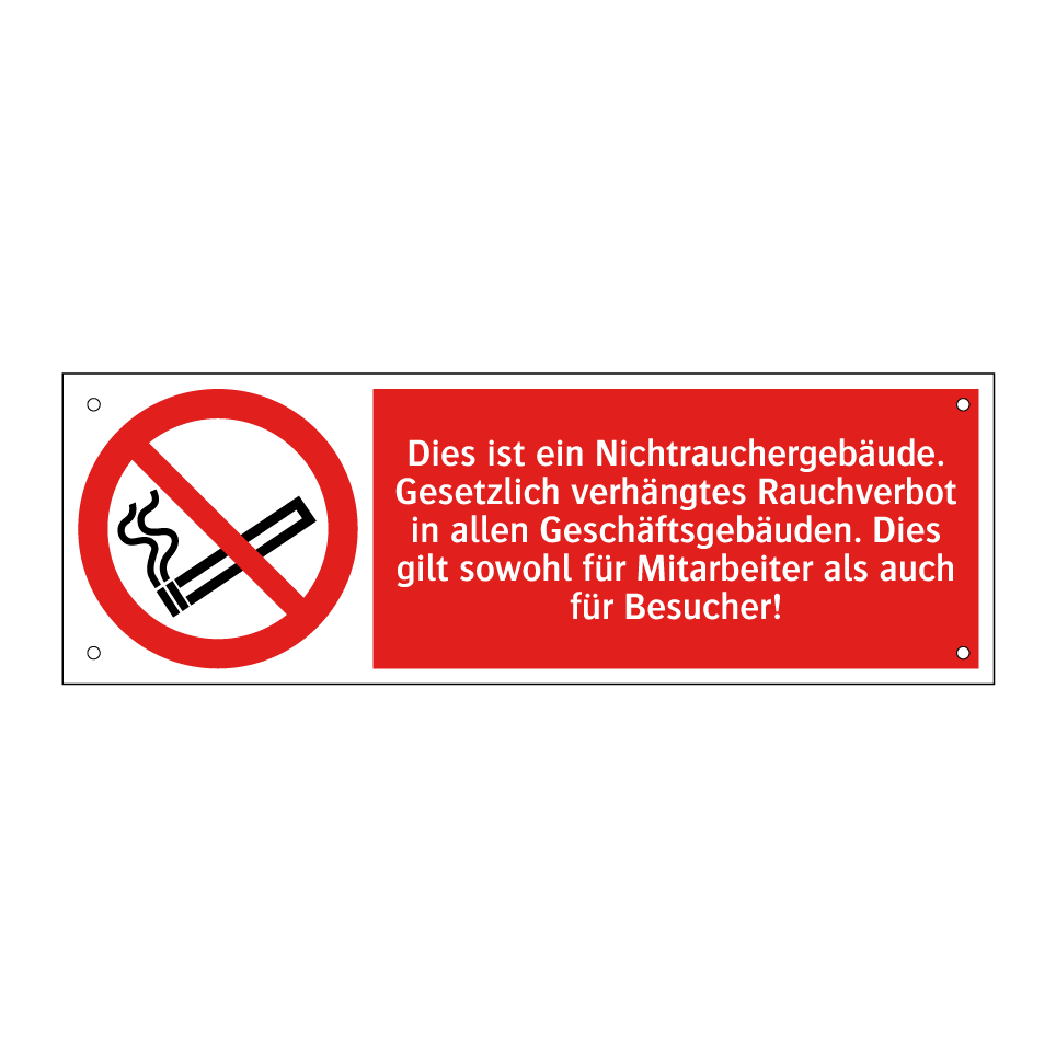 Dies ist ein Nichtrauchergebäude. Gesetzlich verhängtes Rauchverbot in allen Geschäftsgebäuden. Dies gilt sowohl für Mitarbeiter als auch für Besucher!