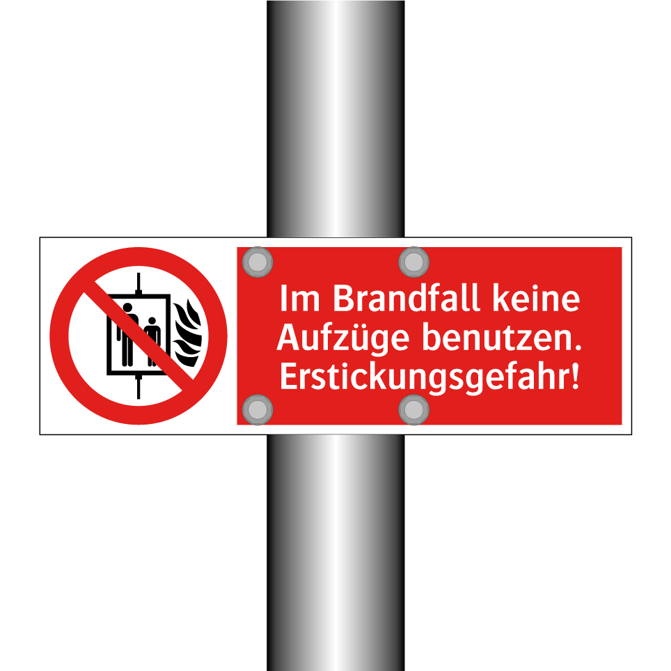 Im Brandfall keine Aufzüge benutzen. Erstickungsgefahr!