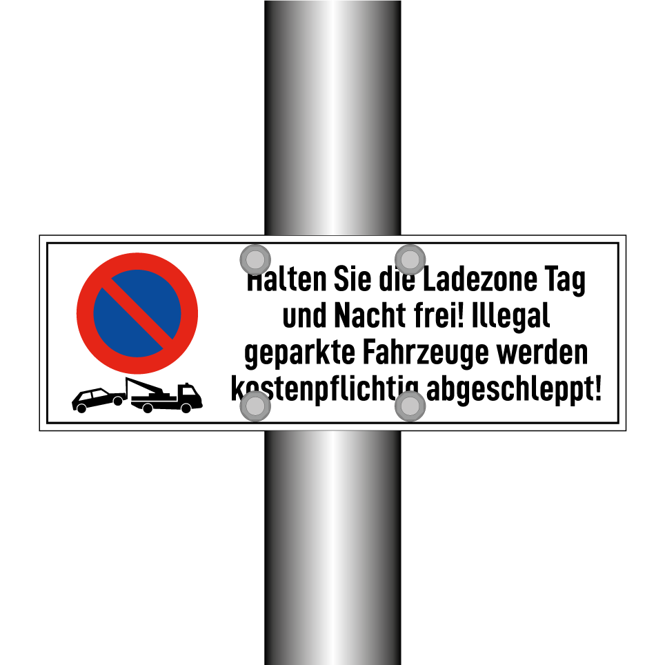 Halten Sie die Ladezone Tag und Nacht frei! Illegal geparkte Fahrzeuge werden kostenpflichtig abgeschleppt!