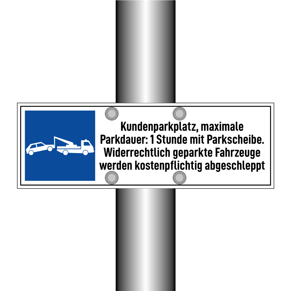 Kundenparkplatz, maximale Parkdauer: 1 Stunde mit Parkscheibe. Widerrechtlich geparkte Fahrzeuge werden kostenpflichtig abgeschleppt