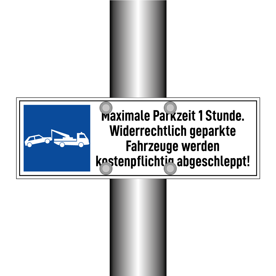 Maximale Parkzeit 1 Stunde. Widerrechtlich geparkte Fahrzeuge werden kostenpflichtig abgeschleppt!