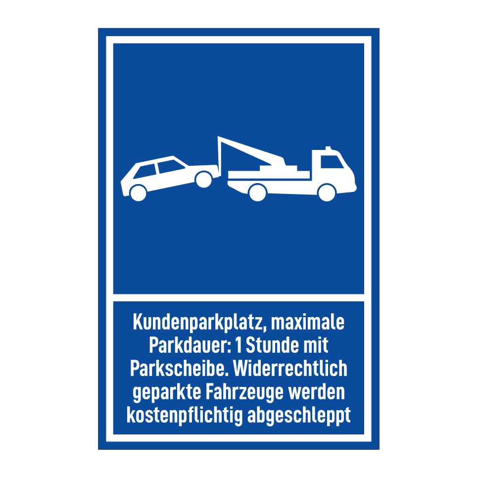 Kundenparkplatz, maximale Parkdauer: 1 Stunde mit Parkscheibe. Widerrechtlich geparkte Fahrzeuge werden kostenpflichtig abgeschleppt
