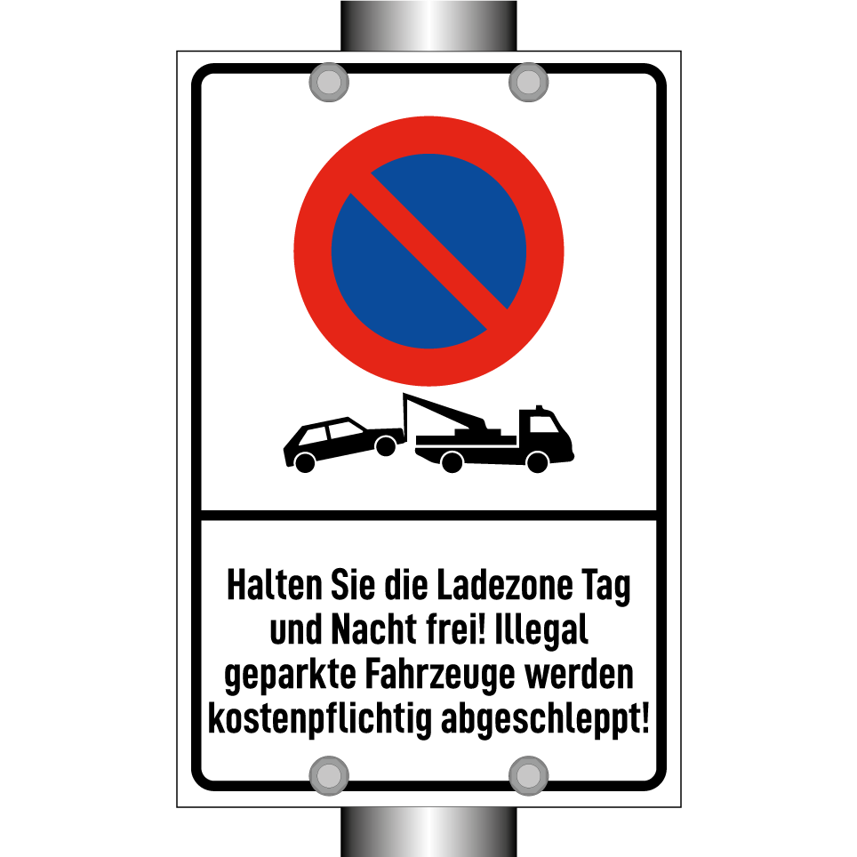 Halten Sie die Ladezone Tag und Nacht frei! Illegal geparkte Fahrzeuge werden kostenpflichtig abgeschleppt!
