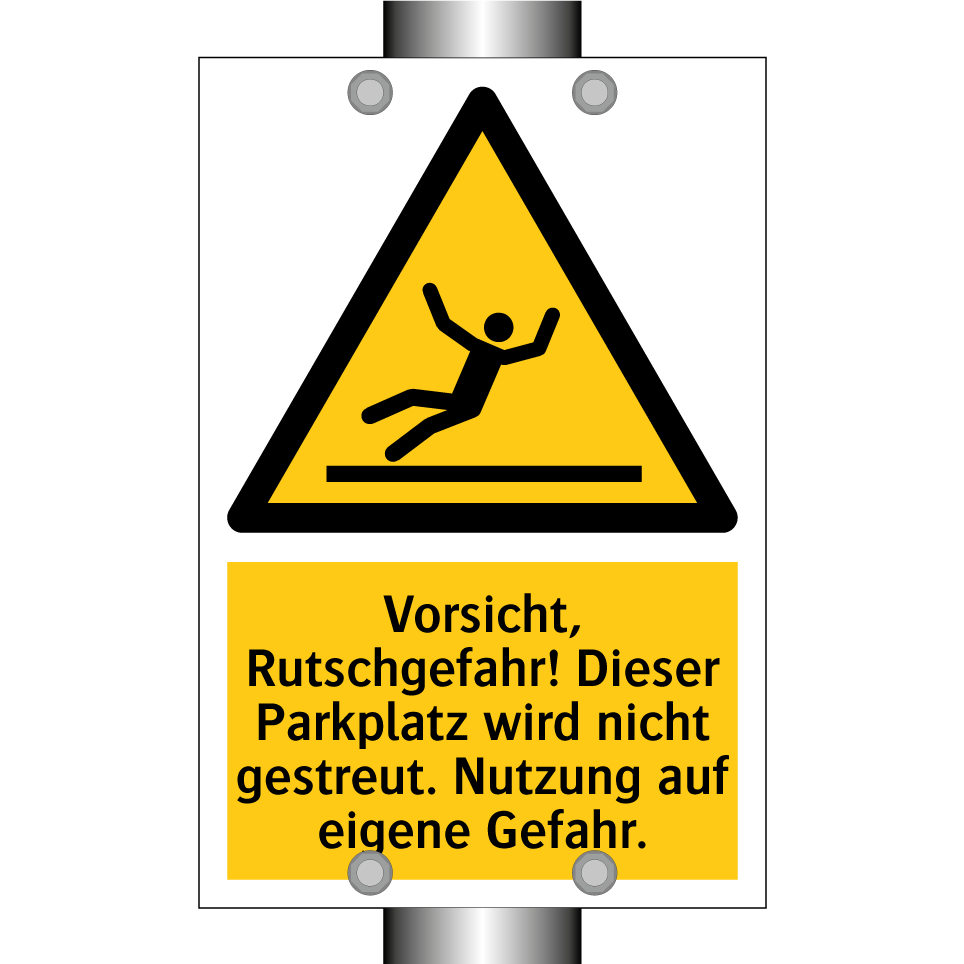 Vorsicht, Rutschgefahr! Dieser Parkplatz wird nicht gestreut. Nutzung auf eigene Gefahr.