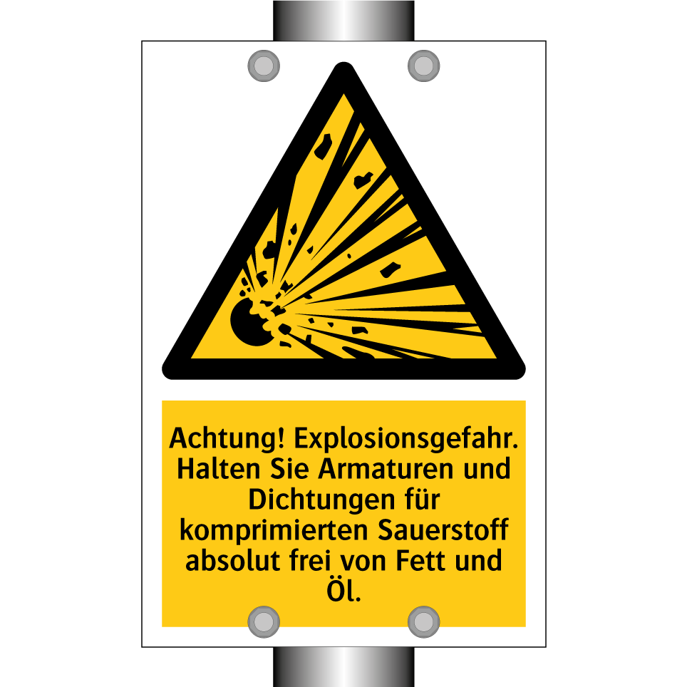 Achtung! Explosionsgefahr. Halten Sie Armaturen und Dichtungen für komprimierten Sauerstoff absolut frei von Fett und Öl.