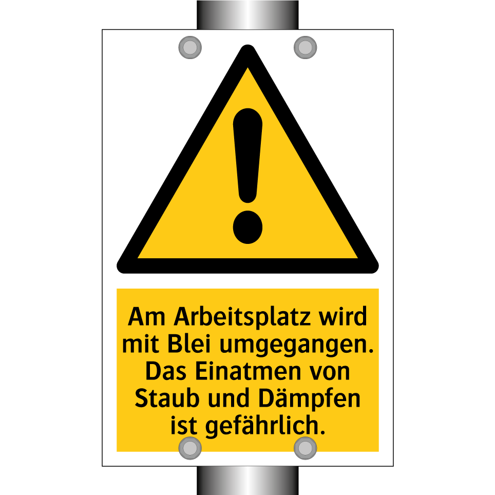Am Arbeitsplatz wird mit Blei umgegangen. Das Einatmen von Staub und Dämpfen ist gefährlich.