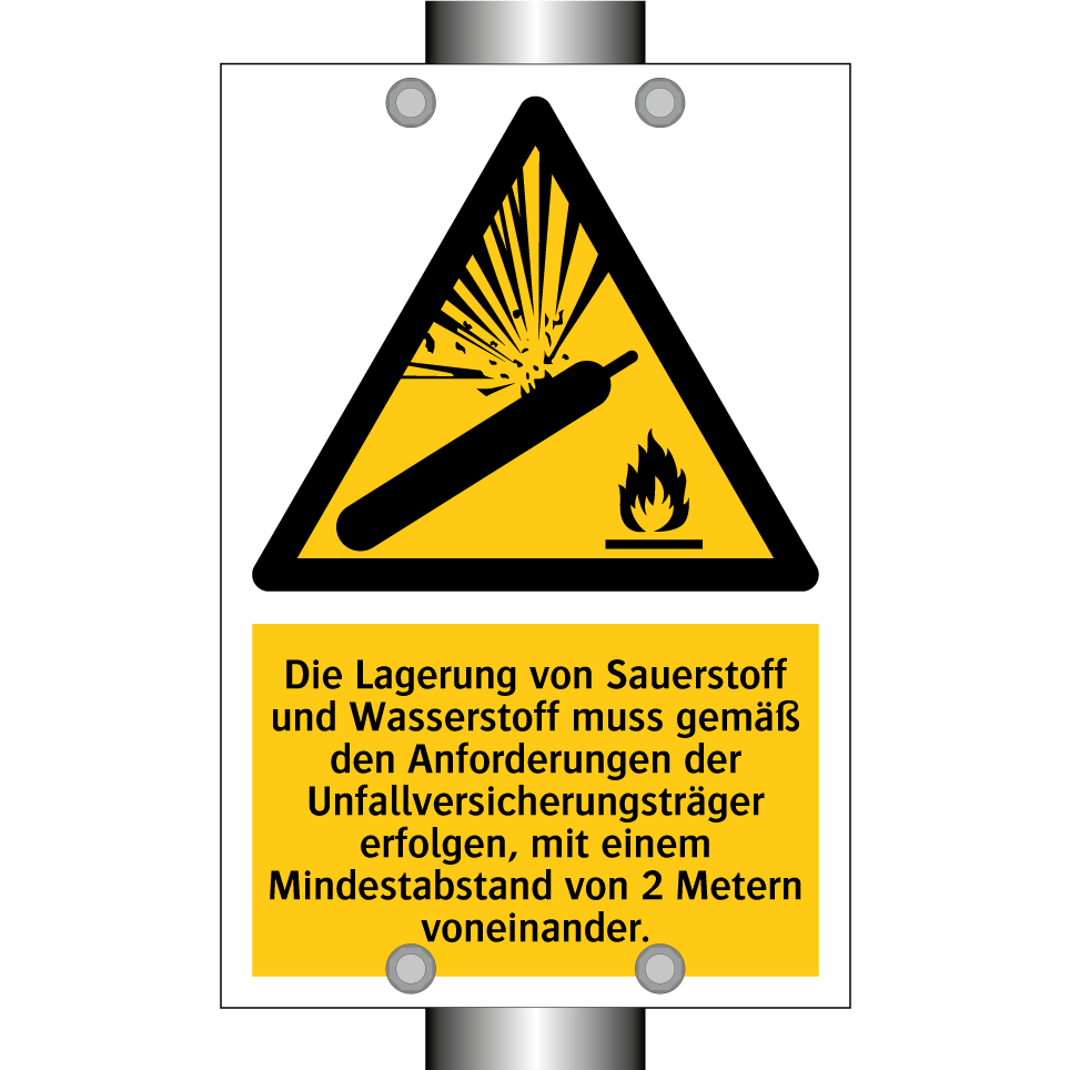 Die Lagerung von Sauerstoff und Wasserstoff muss gemäß den Anforderungen der Unfallversicherungsträger erfolgen, mit einem Mindestabstand von 2 Metern voneinander.