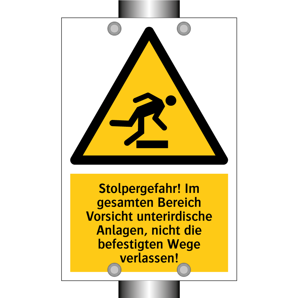 Stolpergefahr! Im gesamten Bereich Vorsicht unterirdische Anlagen, nicht die befestigten Wege verlassen!