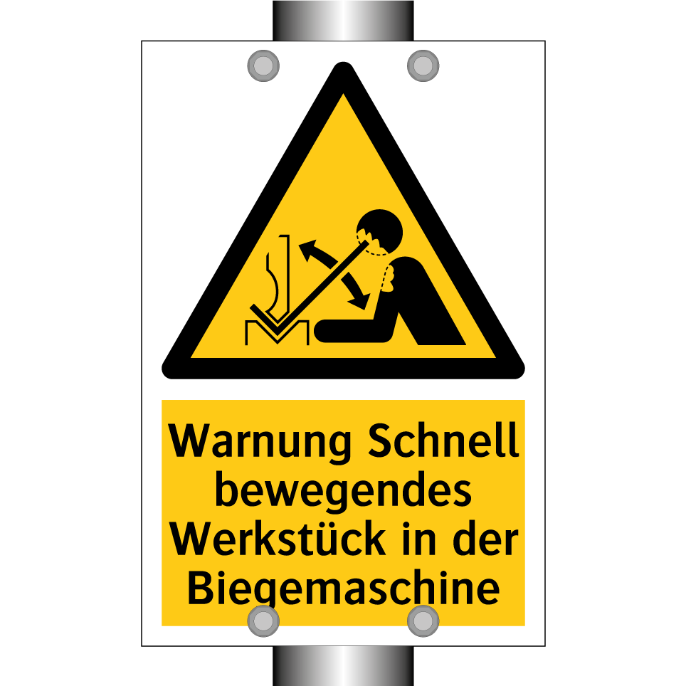Warnung Schnell bewegendes Werkstück in der Biegemaschine