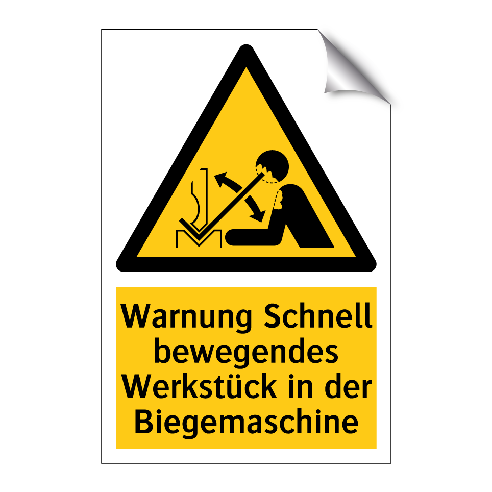 Warnung Schnell bewegendes Werkstück in der Biegemaschine