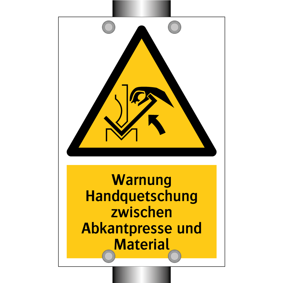 Warnung Handquetschung zwischen Abkantpresse und Material