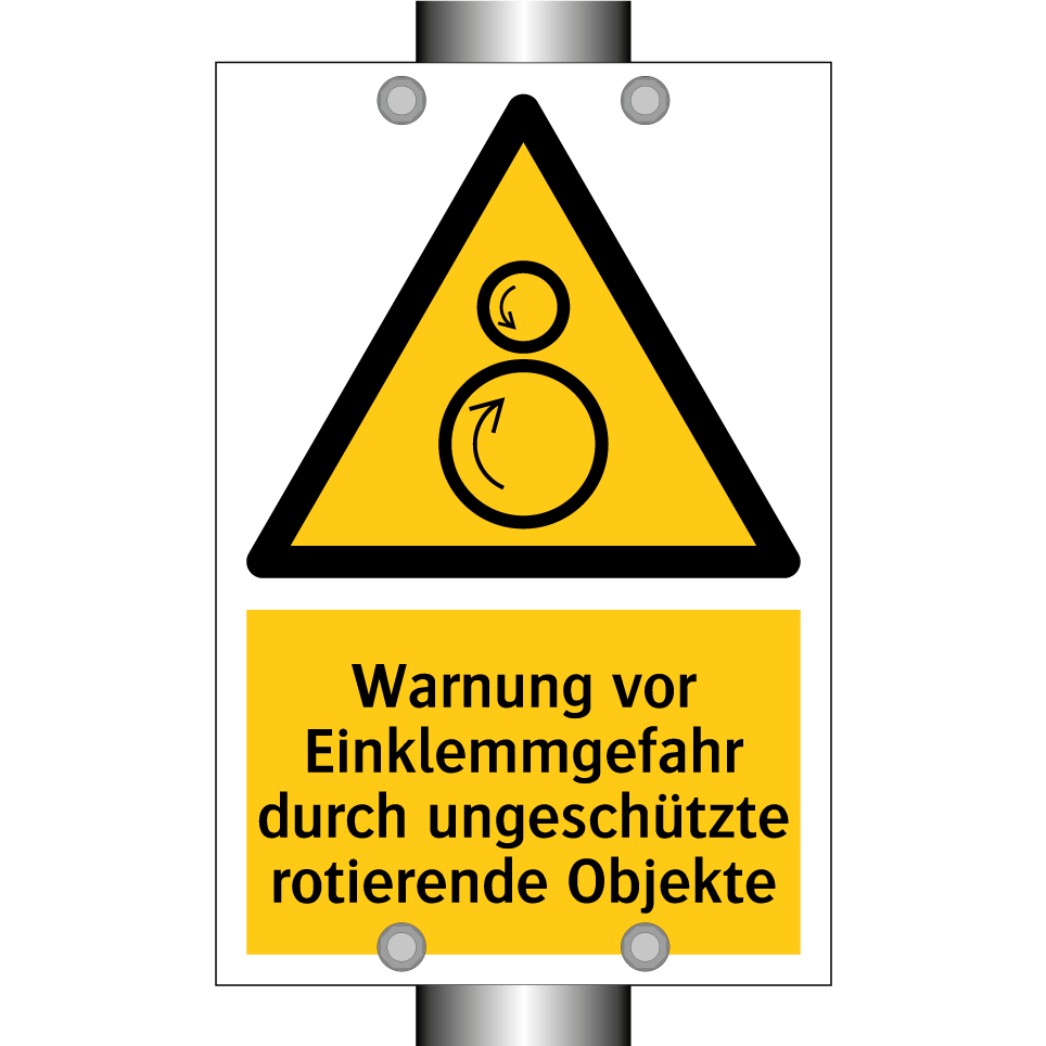 Warnung vor Einklemmgefahr durch ungeschützte rotierende Objekte