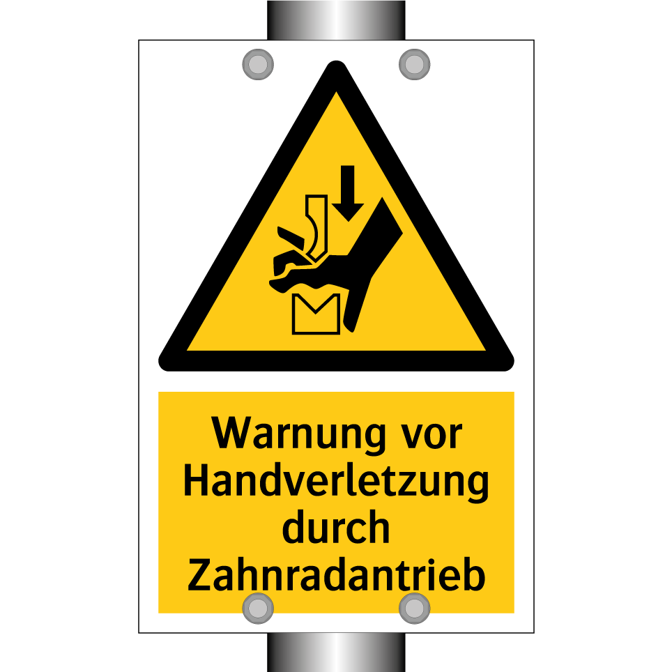 Warnung vor Handverletzung durch Zahnradantrieb