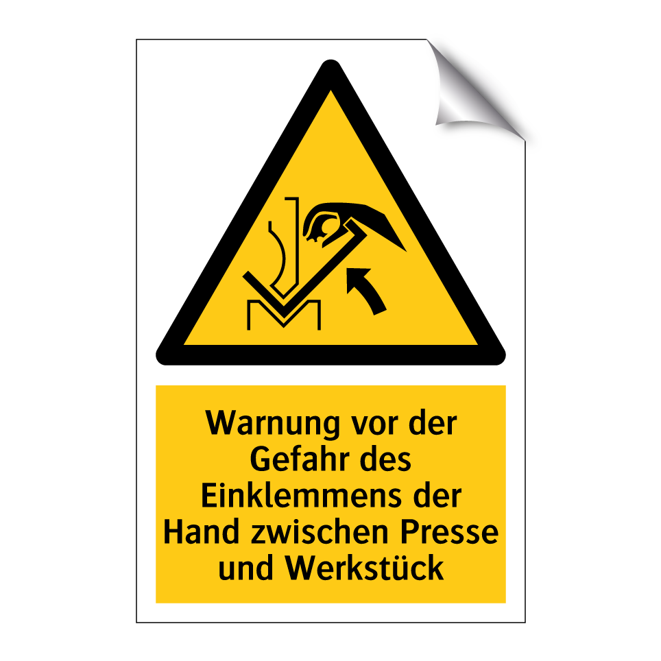 Warnung vor der Gefahr des Einklemmens der Hand zwischen Presse und Werkstück