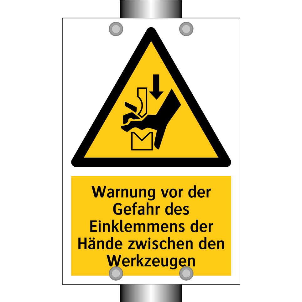 Warnung vor der Gefahr des Einklemmens der Hände zwischen den Werkzeugen