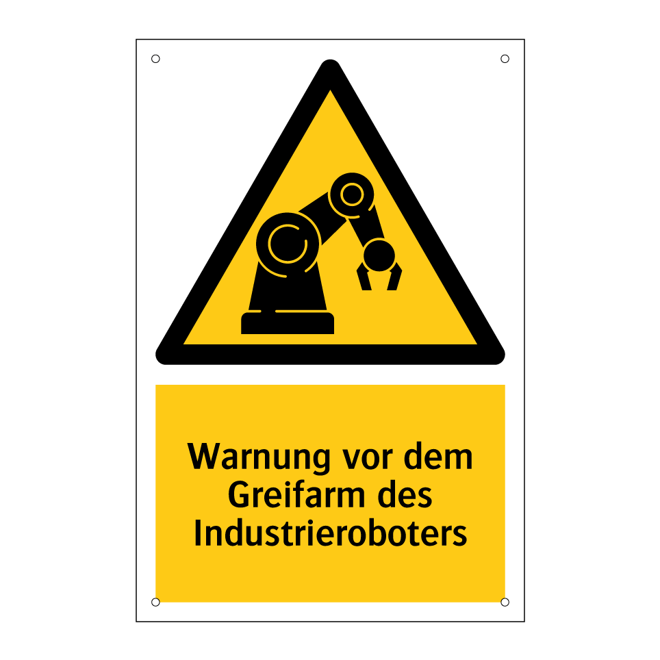 Warnung vor dem Greifarm des Industrieroboters