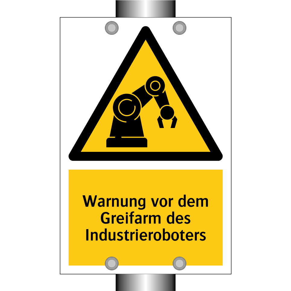 Warnung vor dem Greifarm des Industrieroboters