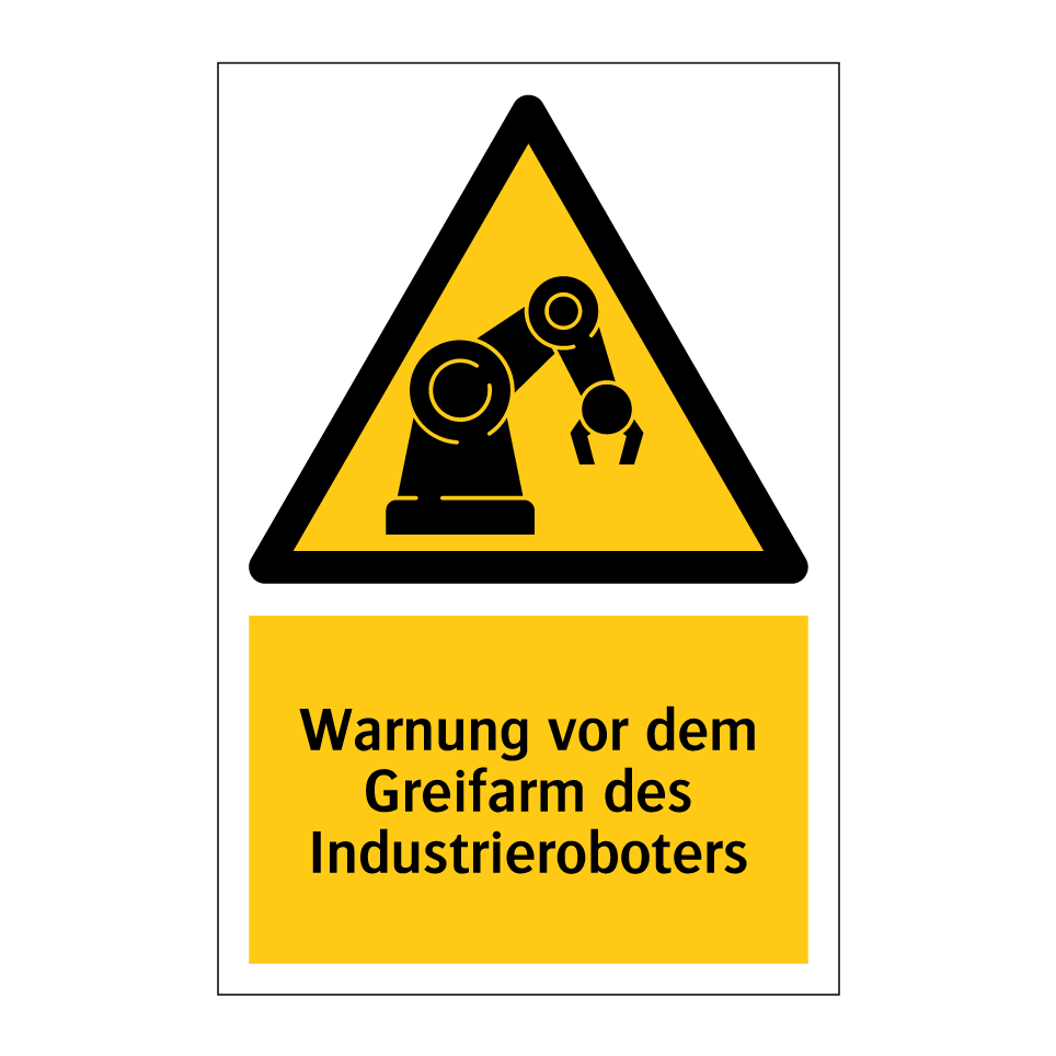Warnung vor dem Greifarm des Industrieroboters