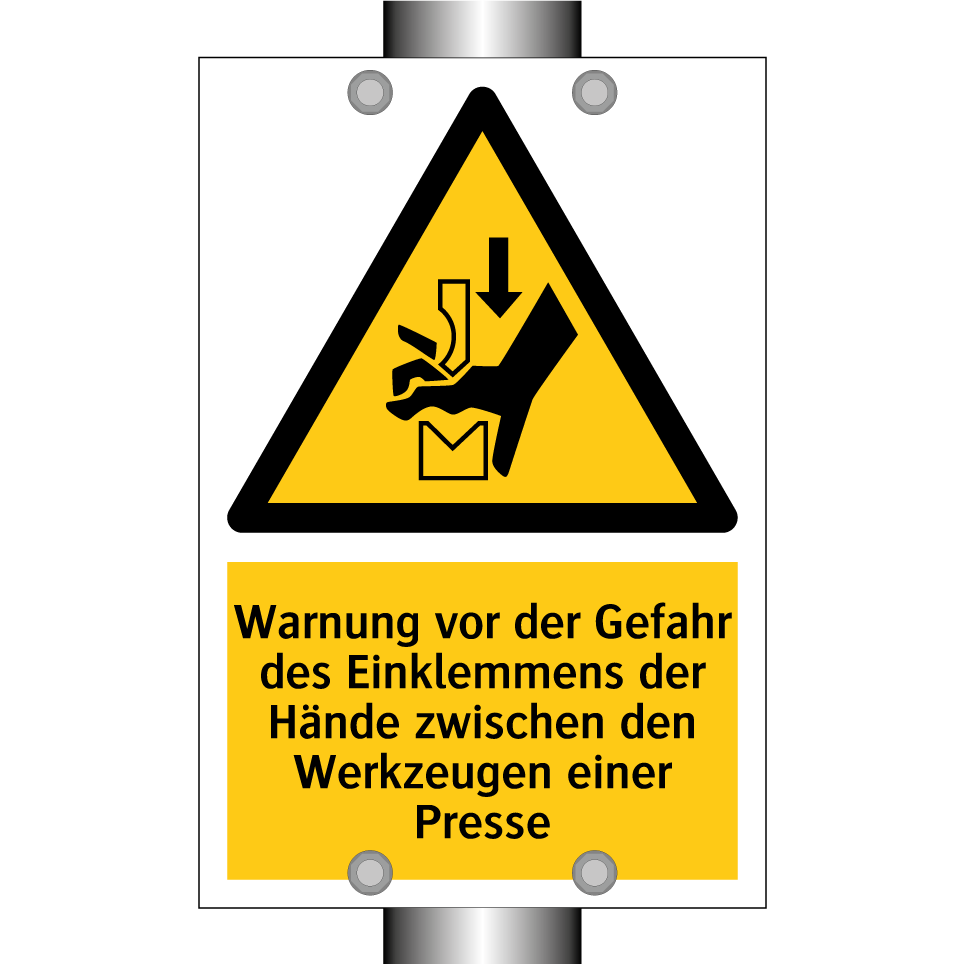 Warnung vor der Gefahr des Einklemmens der Hände zwischen den Werkzeugen einer Presse