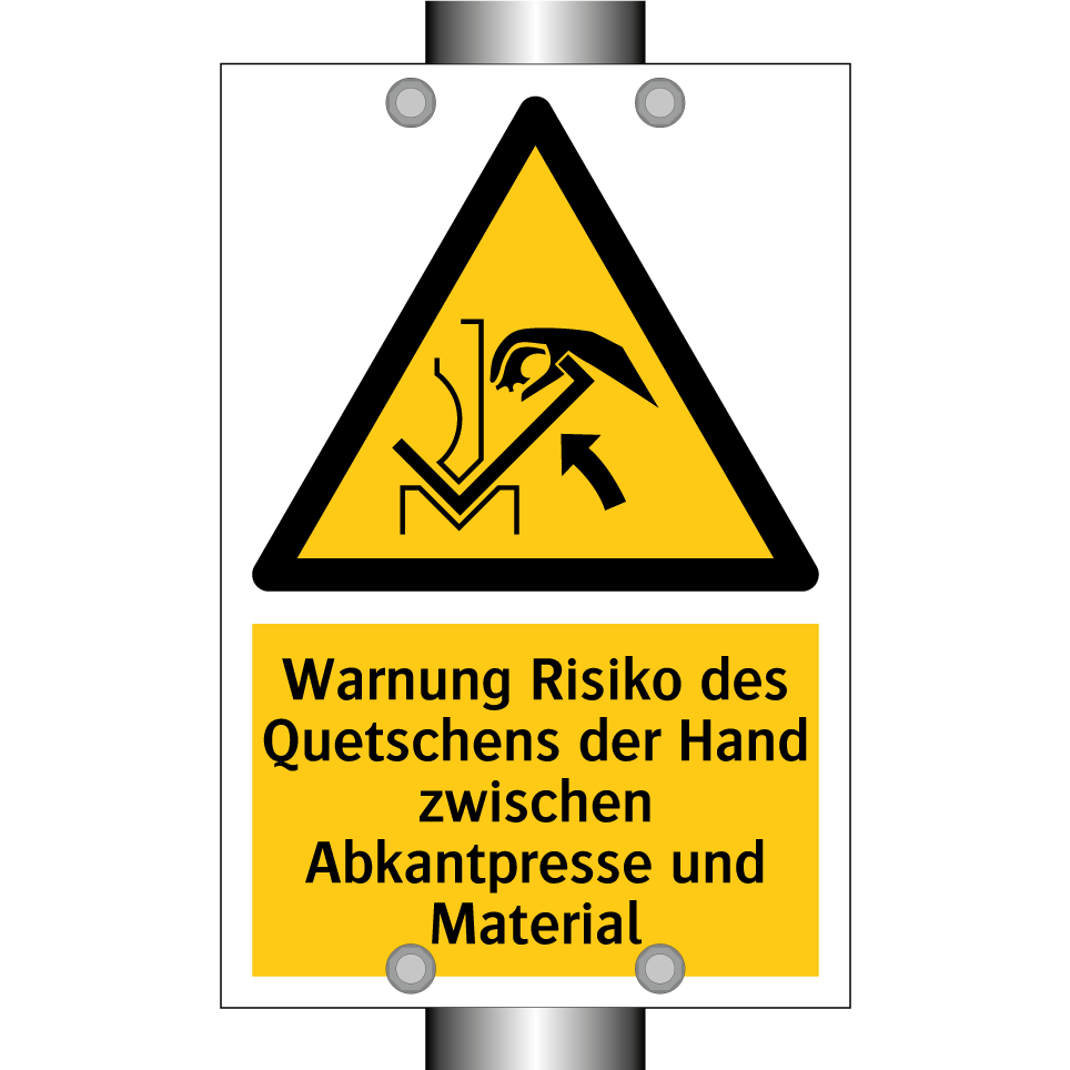 Warnung Risiko des Quetschens der Hand zwischen Abkantpresse und Material
