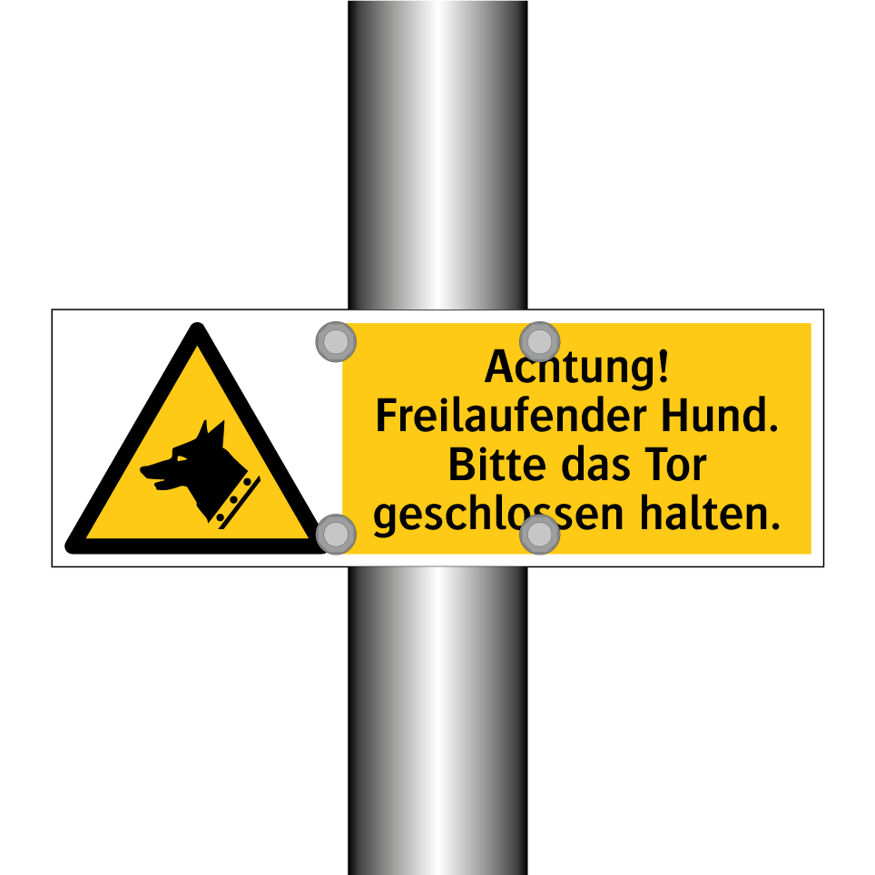Achtung! Freilaufender Hund. Bitte das Tor geschlossen halten.